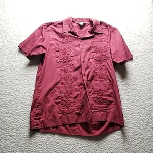 Romani Shirt Mens Large Red Guayabera Short Sleeve Permanent Press Button-Up